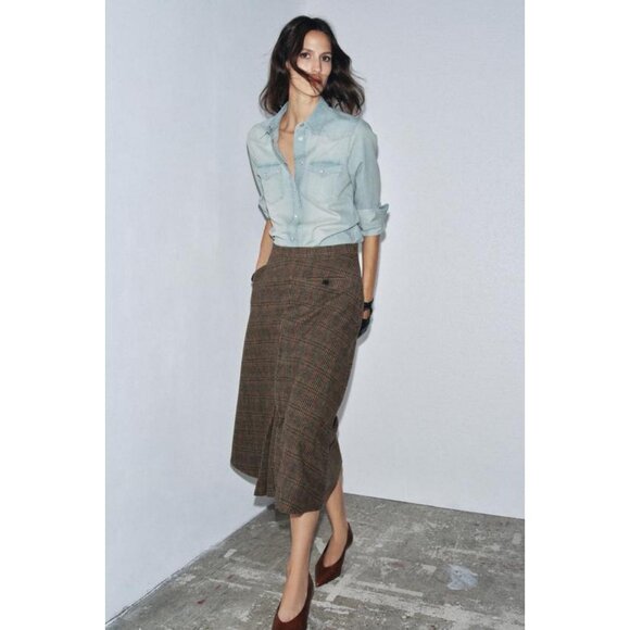 ZARA ZW COLLECTION CHECK SKIRT WITH WOOL AND PLEATS - Picture 4 of 10